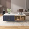 Modern Navy Blue Coffee Table with 2 Glass Door Storage, 4 Drawers, Gold Metal Legs, and Multi-Color Lighting in 47.2''