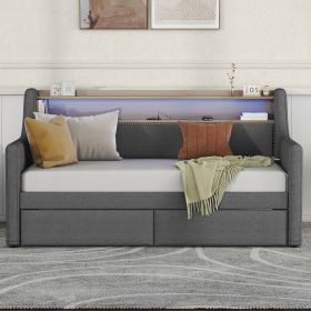 Twin Size Daybed with Storage Drawers, Upholstered Daybed with Charging Station and LED Lights, Gray(Old Item W1580S00023)