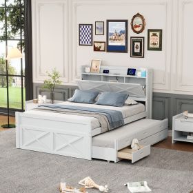 Full Size Wooden Bed with Storage Headboard with Outlets, Extendable Bed with Twin Size Trundle with Three Storage Drawers