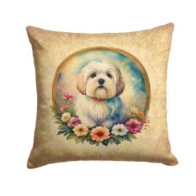 Coton De Tulear and Flowers Throw Pillow Machine Washable, Indoor Outdoor Decorative Pillow for Couch, Bed or Patio, 14Hx14W