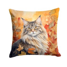 MaineCoon Cat in Fall Leaves Throw Pillow Machine Washable, Indoor Outdoor Decorative Pillow for Couch, Bed or Patio, 14Hx14W