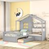 Twin Size House Bed with Sofa, Kids Platform Bed with Two Drawers and Storage Shelf, Gray