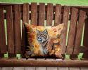 Highlander Lynx Cat in Fall Leaves Throw Pillow Machine Washable, Indoor Outdoor Decorative Pillow for Couch, Bed or Patio, 14Hx14W