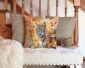 Highlander Lynx Cat in Fall Leaves Throw Pillow Machine Washable, Indoor Outdoor Decorative Pillow for Couch, Bed or Patio, 14Hx14W