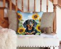 Dachshund in Sunflowers Throw Pillow Machine Washable, Indoor Outdoor Decorative Pillow for Couch, Bed or Patio, 14Hx14W