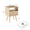 15.75" Rattan End table with Power Outlet & USB Ports , Modern nightstand with drawer and solid wood legs, side table for living room, bedroom,natural