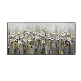 Handmade Gold Foil Abstract Oil Painting  Wall Art Modern Minimalist White Flowers Canvas Home Decorative For Living Room No Frame (size: 50X100cm)