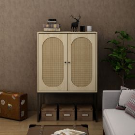 2 Door high cabinet, rattan, Built-in adjustable shelf, Easy Assembly, Free Standing Cabinet for Living Room Bedroom (Color: Natural)