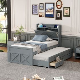 Twin Size Wooden Bed with Storage Headboard with Outlets, Extendable Bed with Twin Size Trundle with Three Storage Drawers (Color: as Pic)